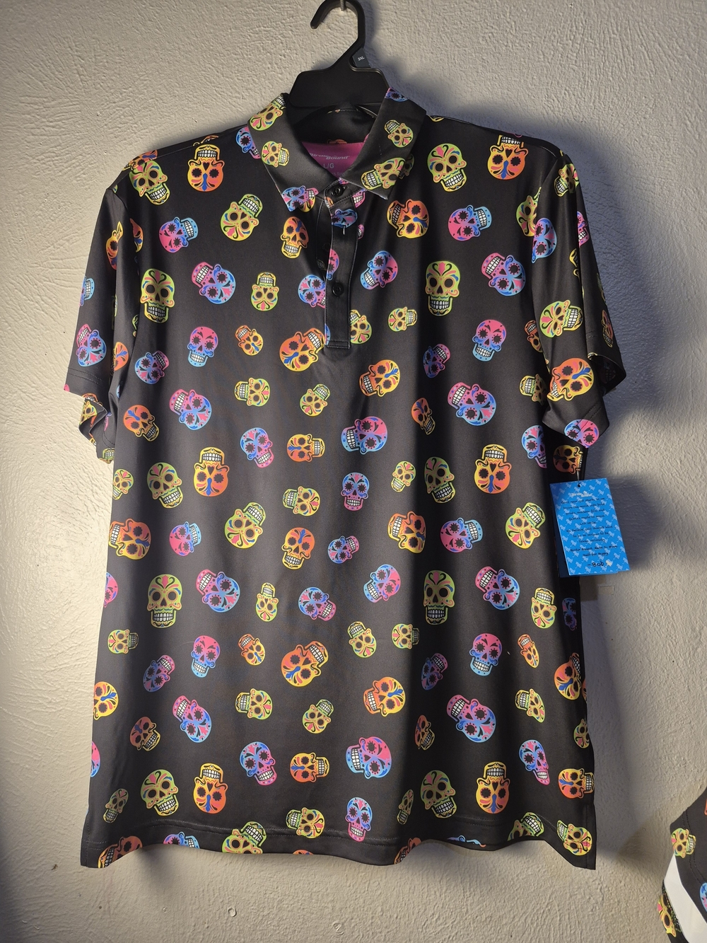 Men's Black Polo Shirt with Multicolor Sugar Skull Print